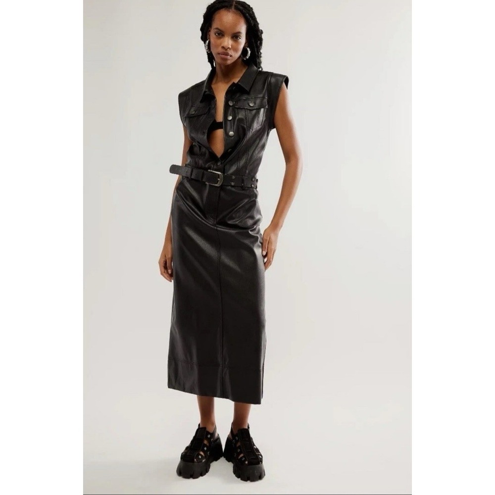 Free People Sleeveless Vegan Leather Midi Dress Medium Moto Edgy Grunge Glam